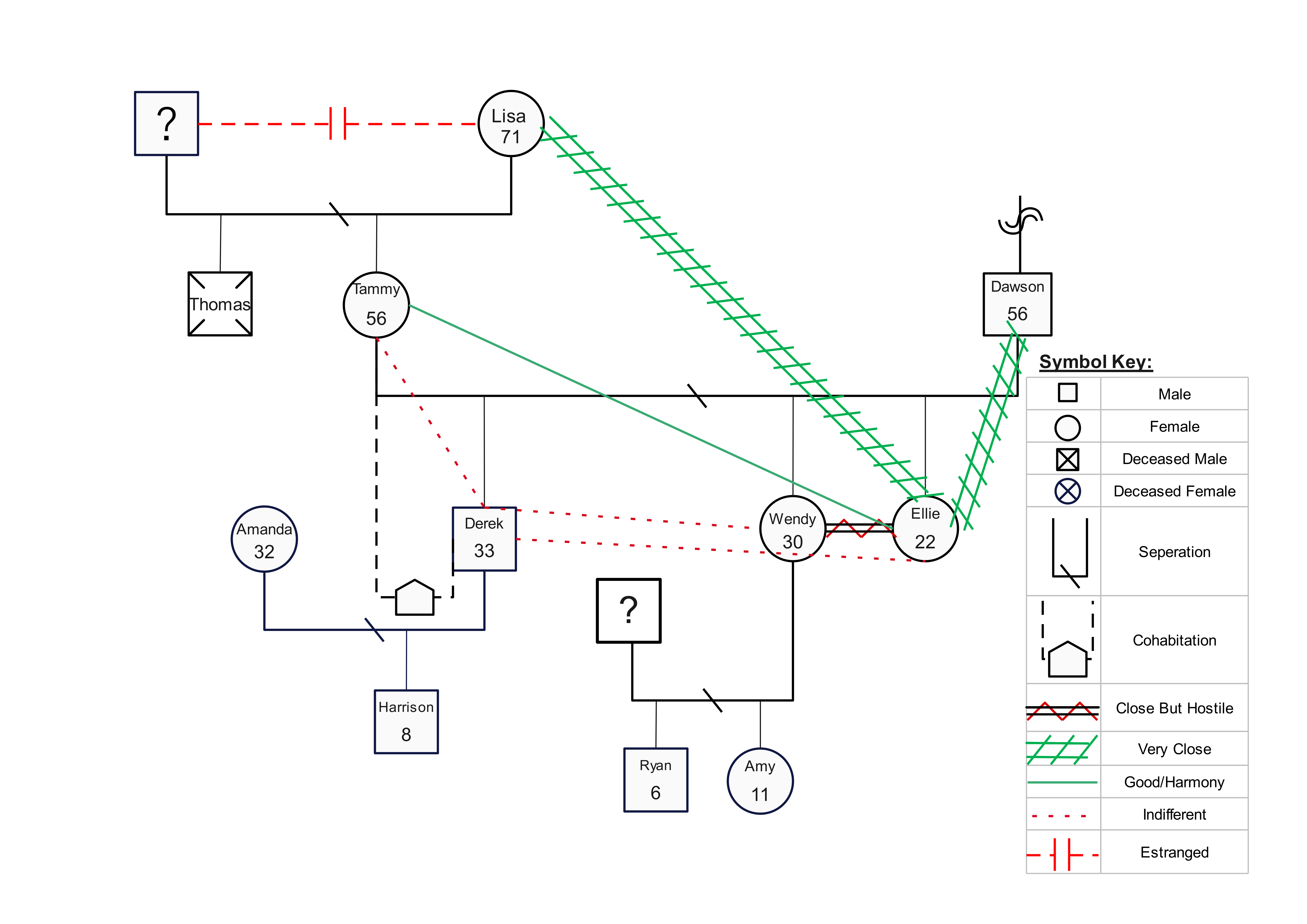 genogram showing family disputes